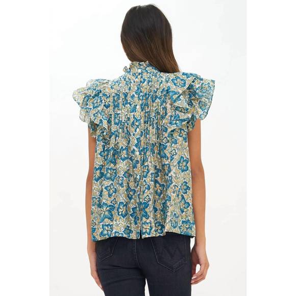 NEW OLIPHANT pintuck ruffle top in blue/gold ivy - Picture 2 of 2